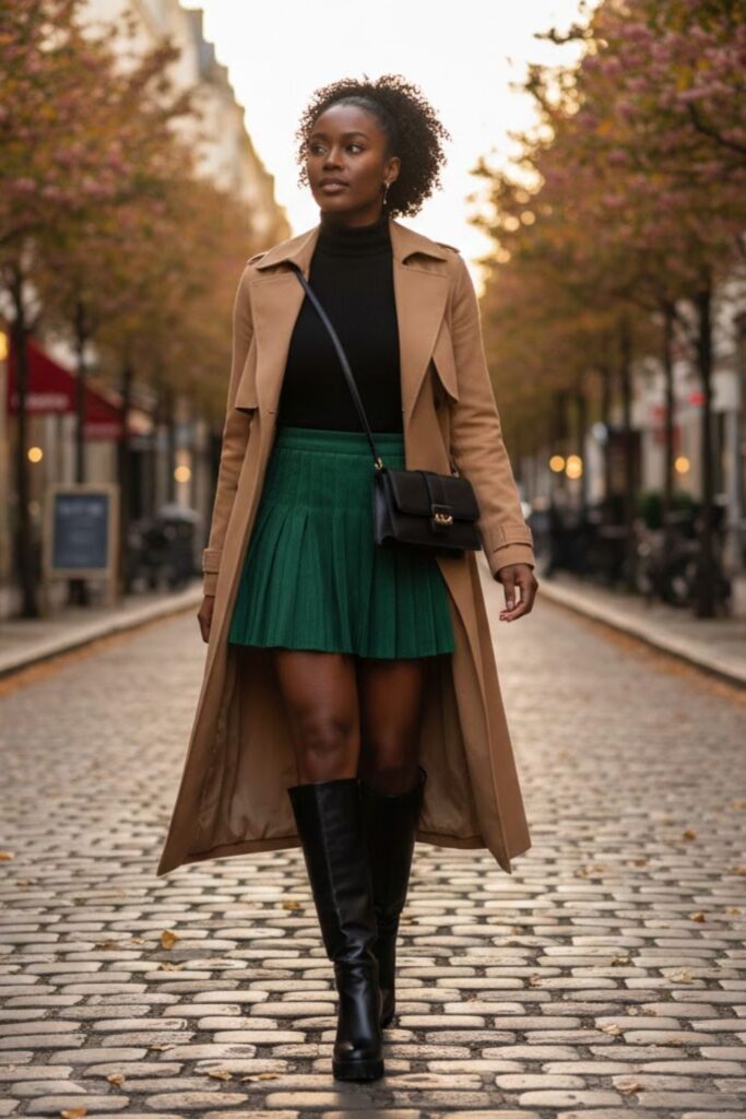 13. Green Mini Skirt with Trench Coat