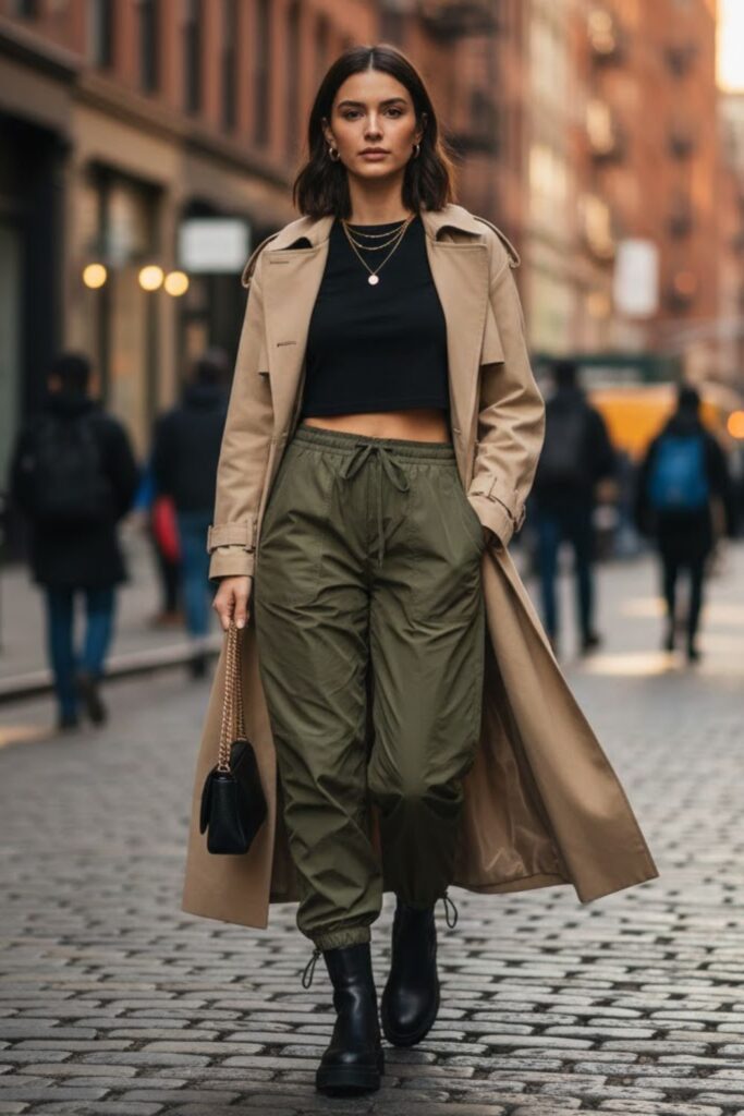 13. Green Parachute Pants with a Long Trench Coat