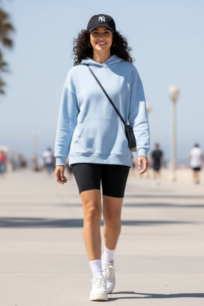13. Grey Hoodie with Biker Shorts and Trainers