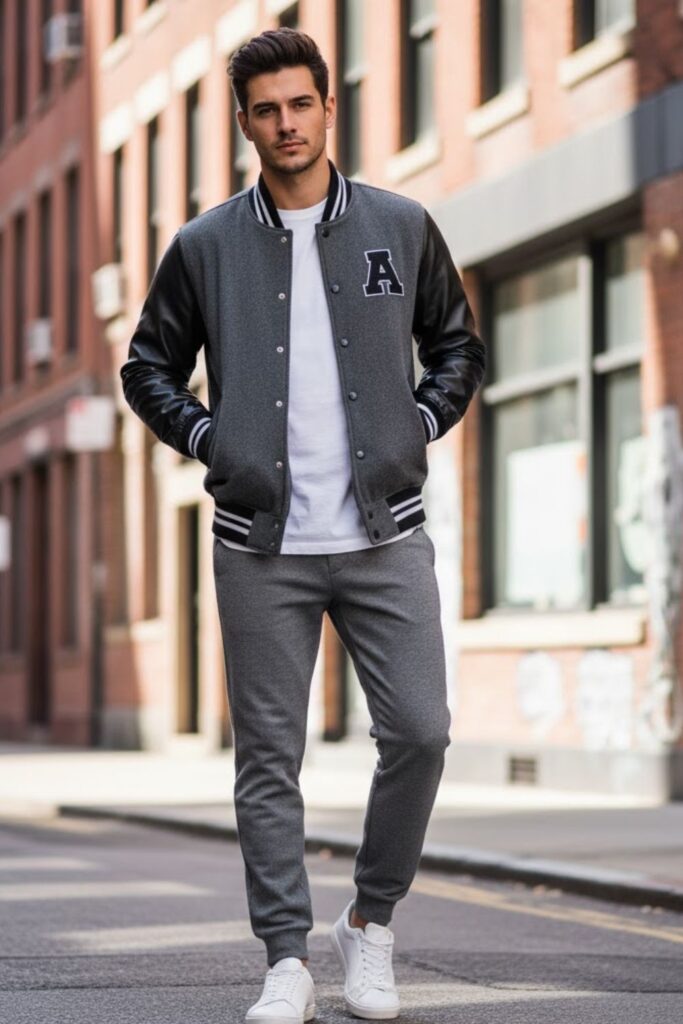 13. Grey Sweatpants with Varsity Jacket