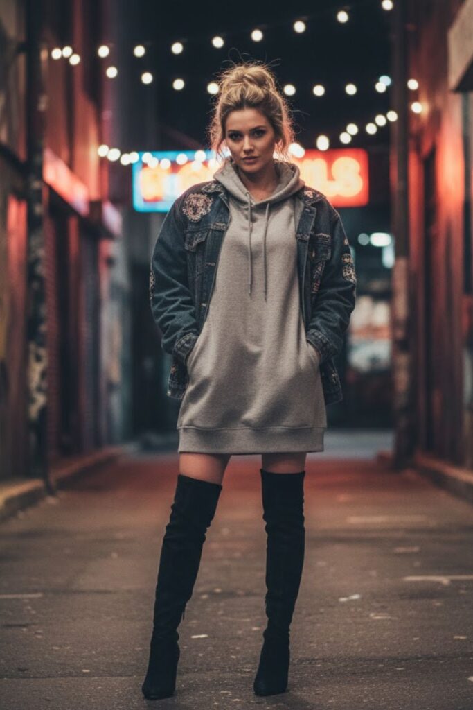 13. Hoodie Dress with Thigh-High Boots