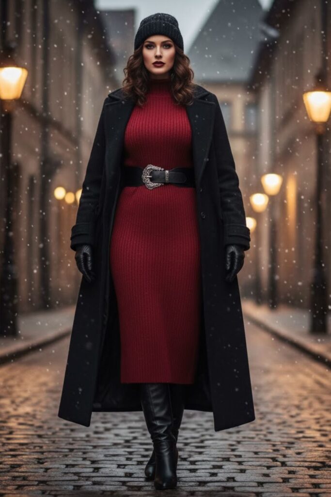 13. Knit Dress with Belt and Boots