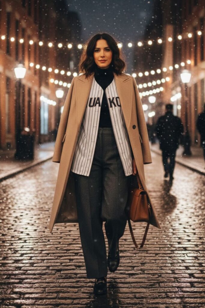 13. Layered Baseball Jersey with Long Coat