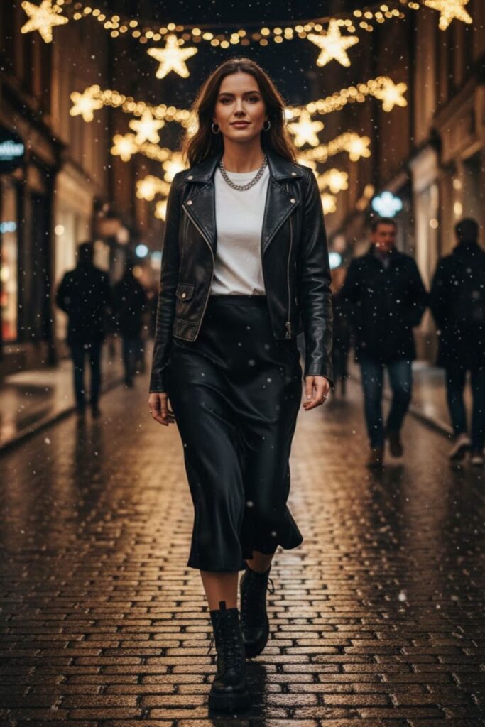 13. Leather Jacket with a Silk Skirt