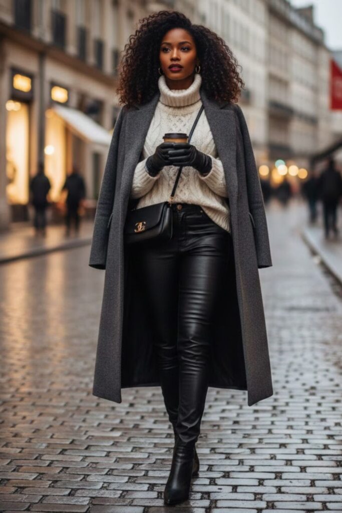 13. Leather Pants with Sweater and Coat