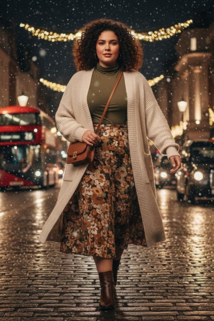 13. Long Cardigan with Midi Skirt