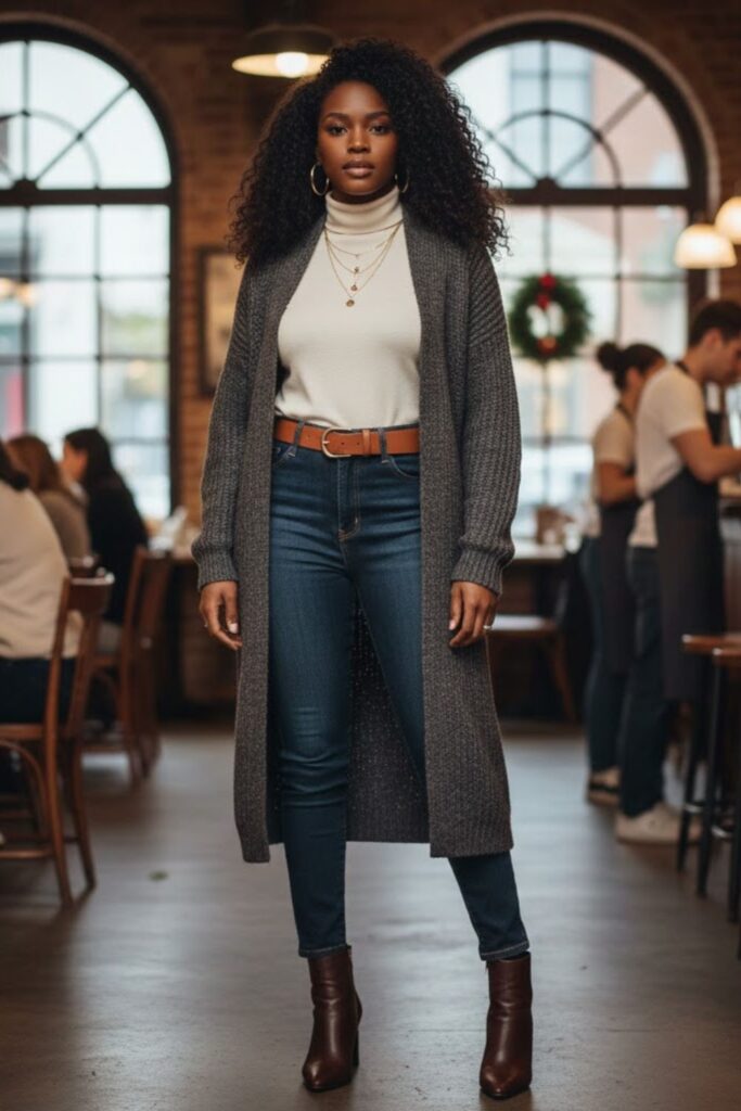 13. Long Cardigan with Turtleneck and Belted Jeans