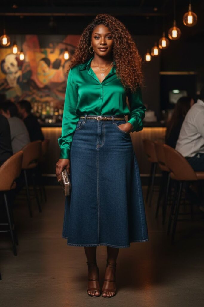 13. Long Denim Skirt with Satin Blouse
