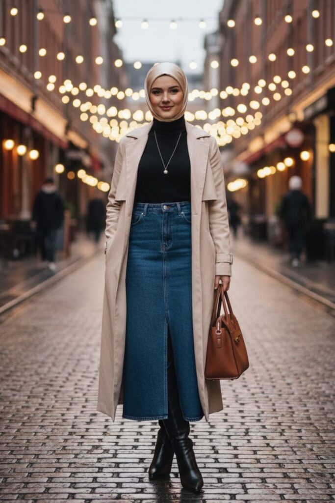13. Long Denim Skirt with a Trench Coat and Heeled Boots