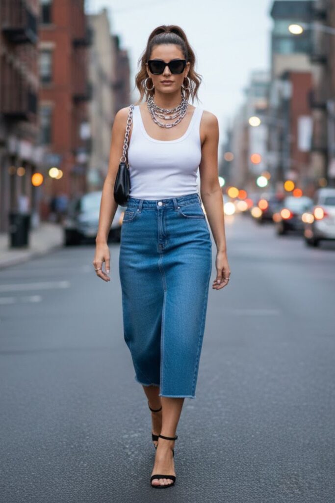 13. Midi Denim Skirt with a Tank Top and Layered Jewelry