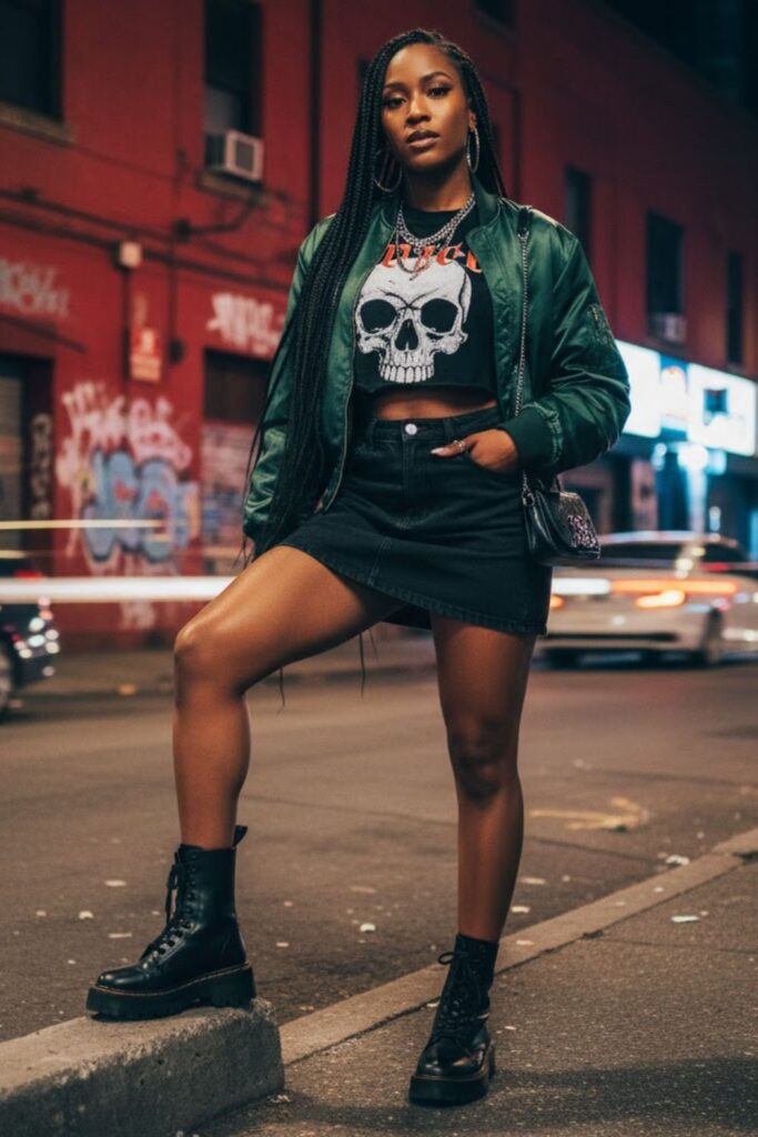 13. Mini Skirt with Combat Boots and Bomber Jacket