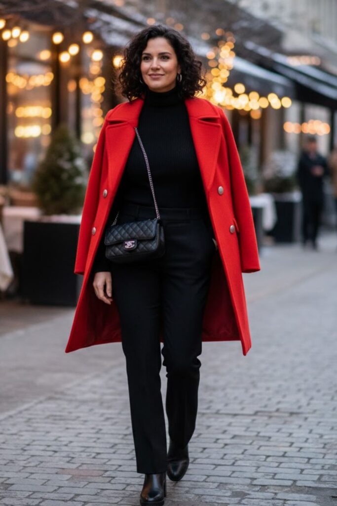13. Monochrome Black Look with Statement Coat
