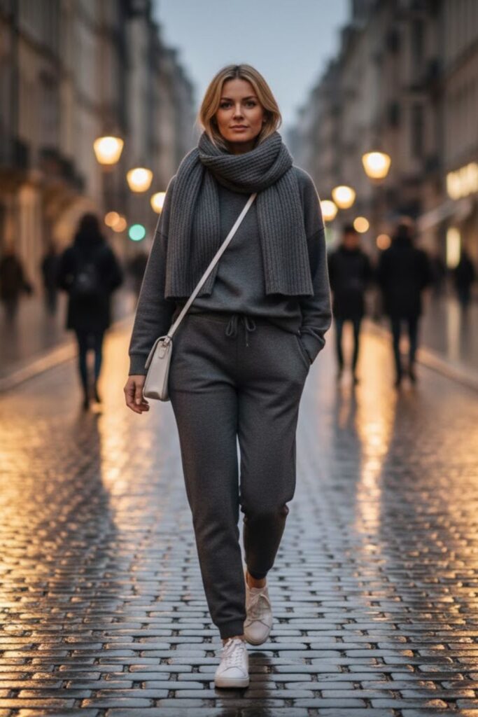 13. Monochrome Jogger Set with Scarf and Sneakers