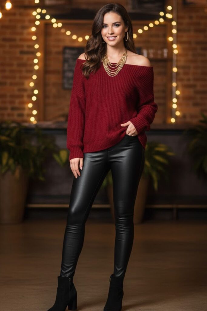 13. Off-Shoulder Sweater with Skinny Pants