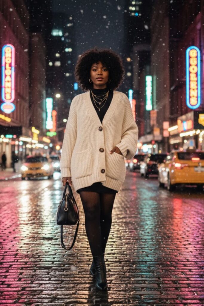 13. Oversized Cardigan with Mini Dress and Tights