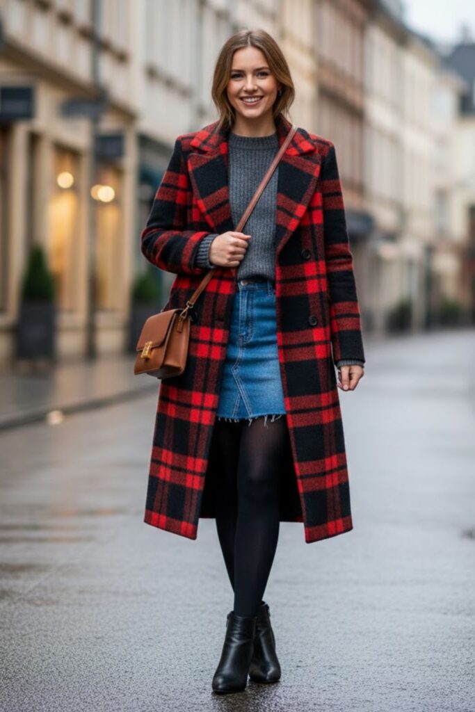 13. Plaid Coat and Ankle Boots