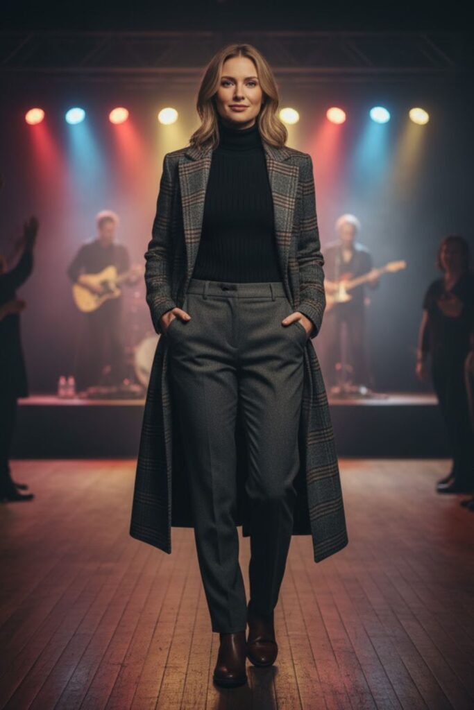 13. Plaid Coat and Turtleneck Ensemble