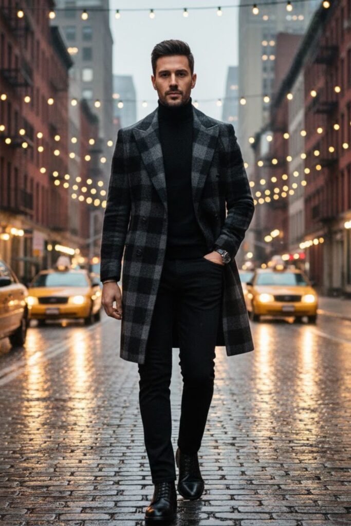 13. Plaid Coat with Black Trousers