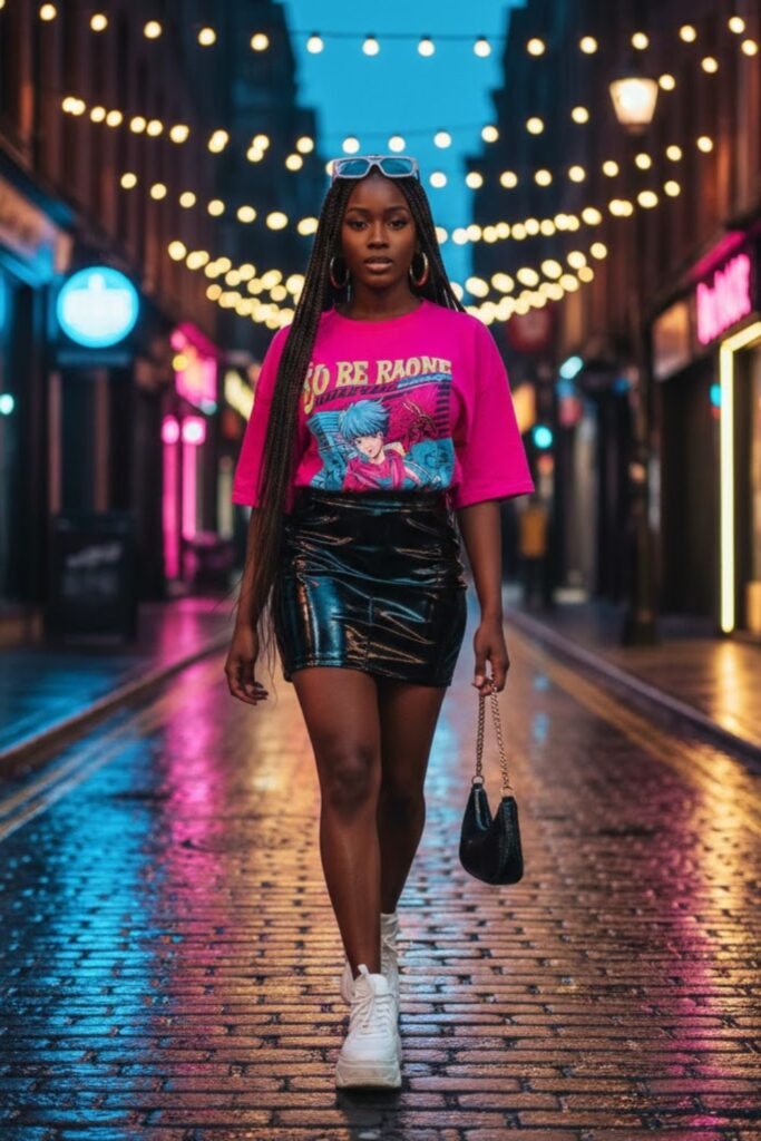 13. Pleather Mini Skirt with Bold Color Tee