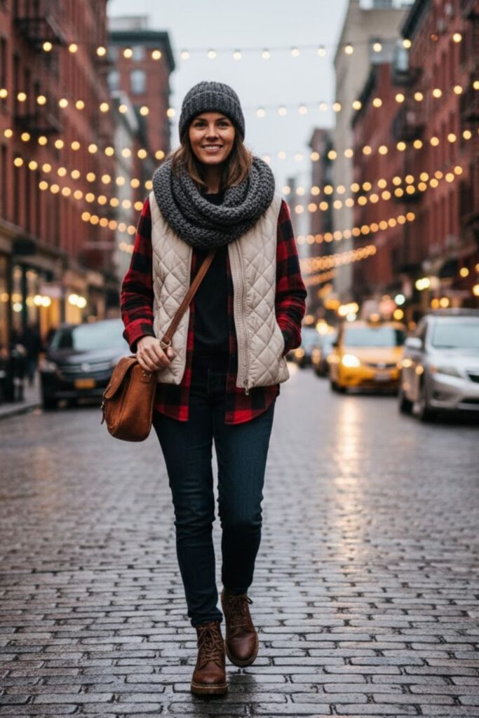 13. Puffer Vest with Flannel Shirt and Jeans