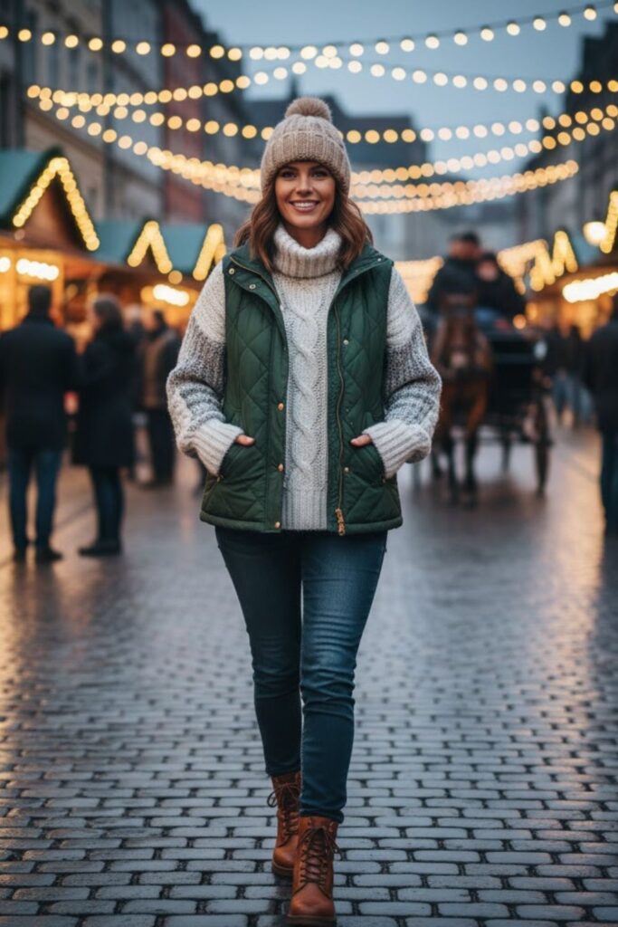 13. Quilted Vest with Sweater and Jeans