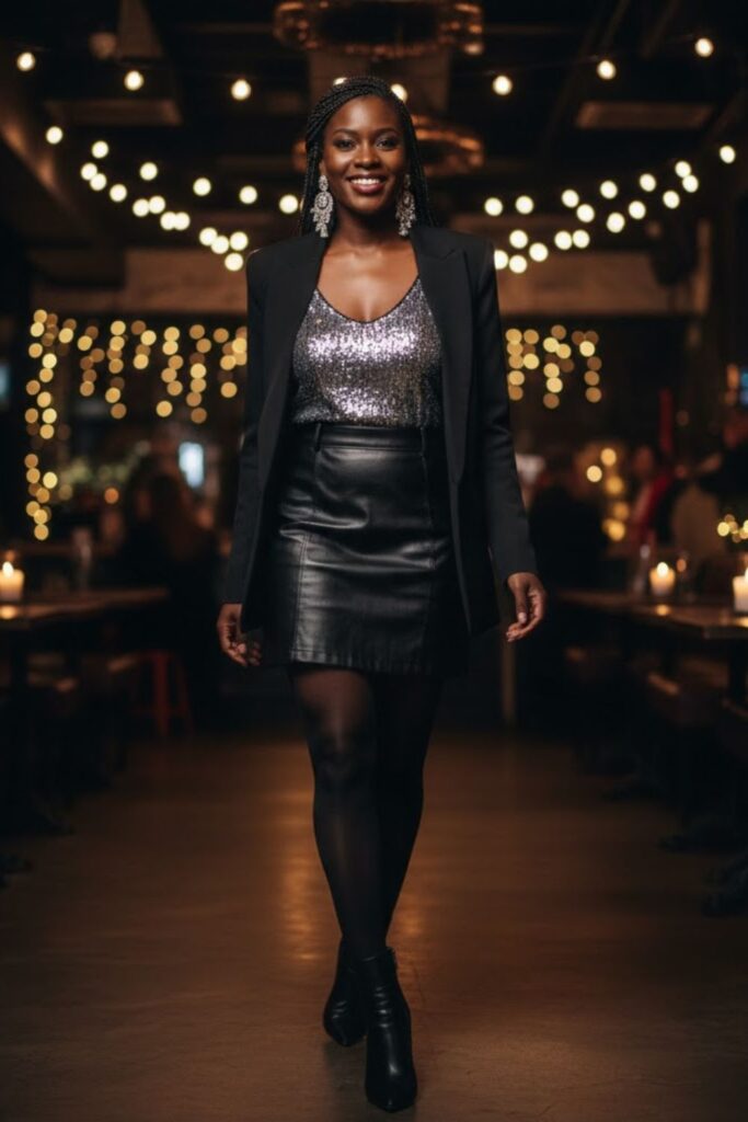 13. Sequin Top with Faux Leather Skirt