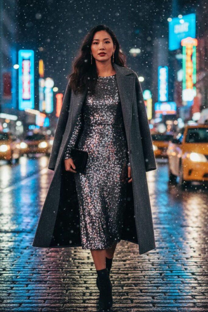 13. Sequined Dress with Long Coat