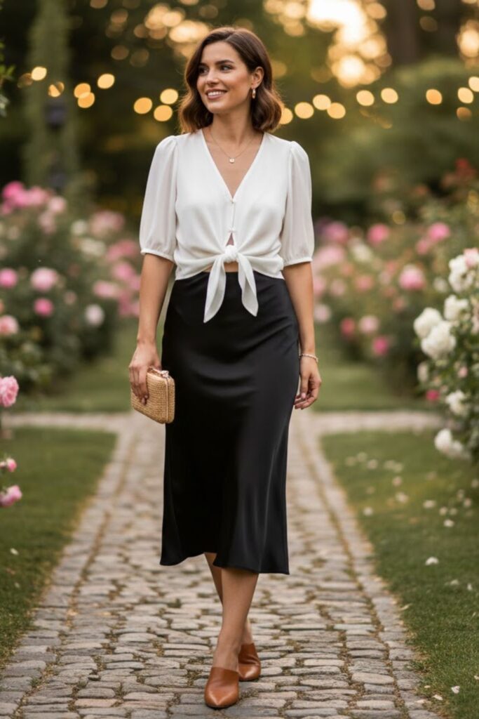 13. Silk Skirt with a Tie-Front Blouse