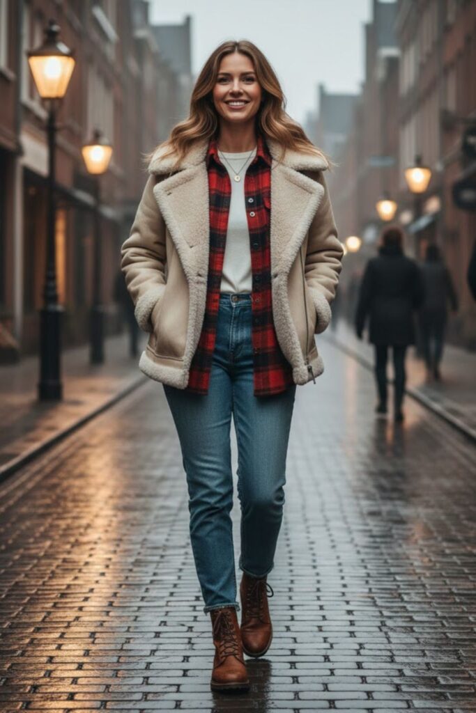 13. Straight Jeans with Plaid Shirt and Shearling Coat