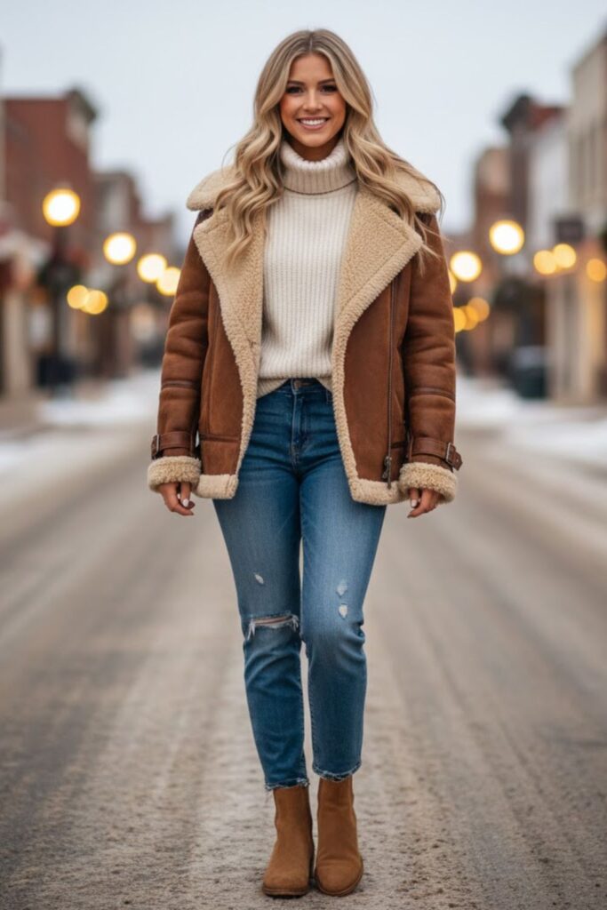 13. Tan Chelsea Boots with Jeans and Shearling Jacket