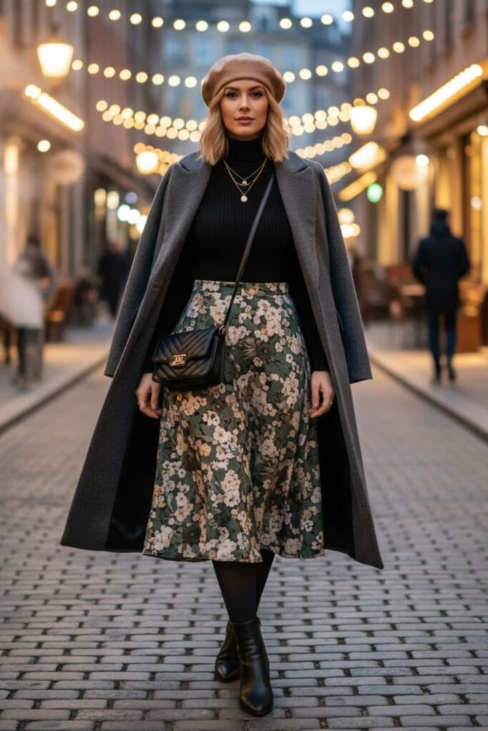 13. Turtleneck with A-Line Skirt and Boots