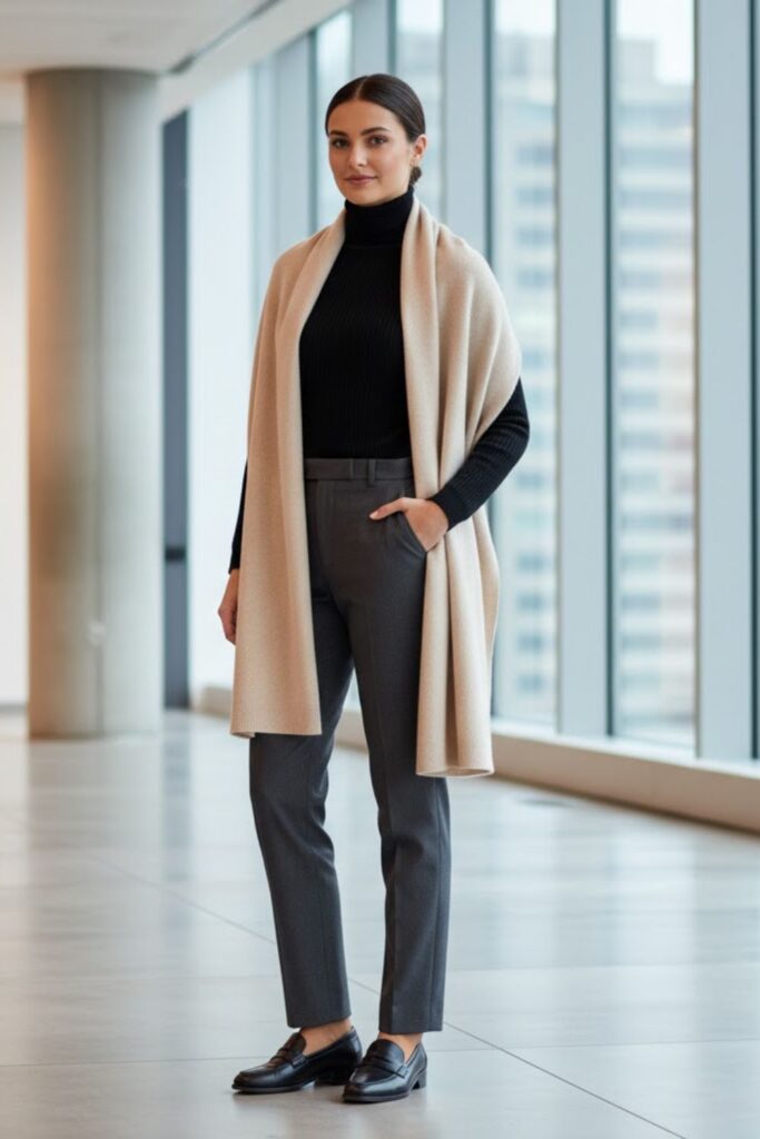 13. Turtleneck with Neutral Scarf and Tailored Pants