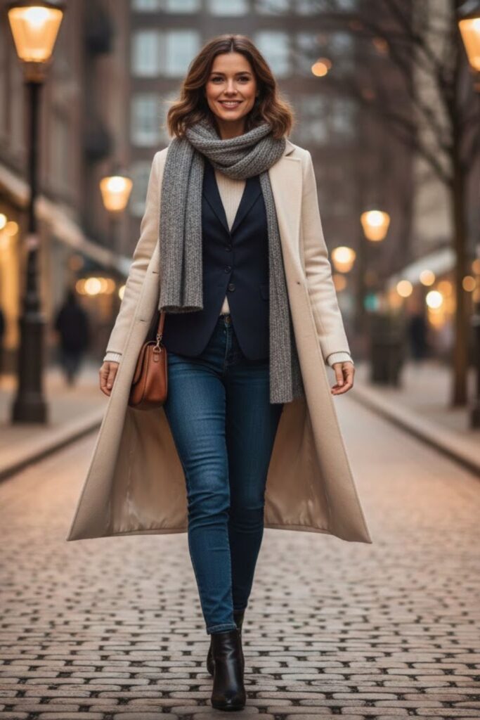 13. Waistcoat with Longline Coat and Skinny Jeans