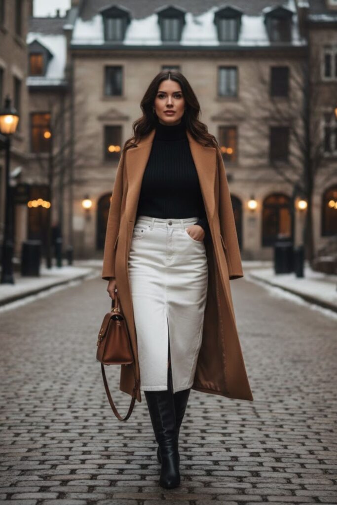 13. White Denim Midi Skirt with a Turtleneck Top