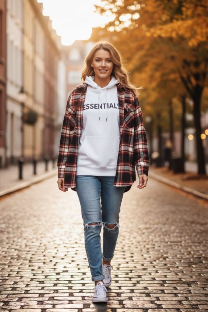 13. White Hoodie with Flannel Shirt and Jeans