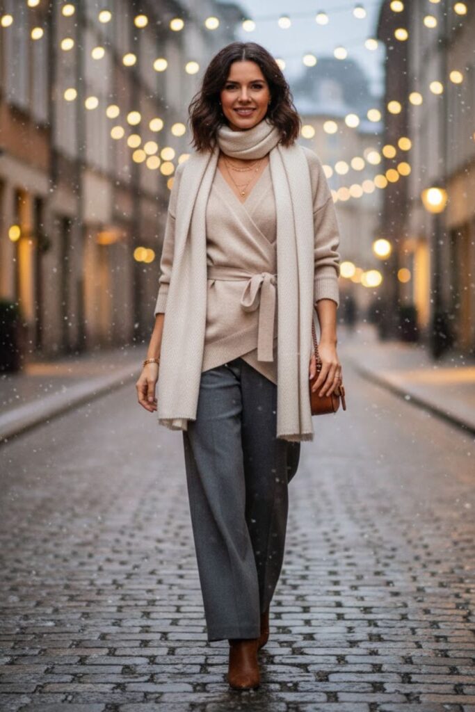 13. Wrap Sweater with Wide-Leg Pants