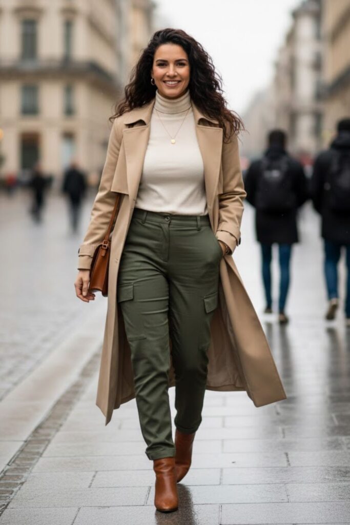 14. Army Green Pants with a Trench Coat