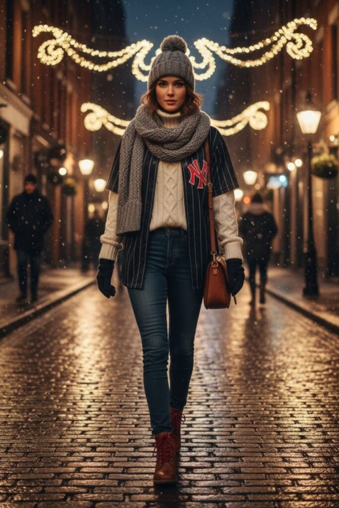 14. Baseball Jersey with Sweater Underneath and Scarf