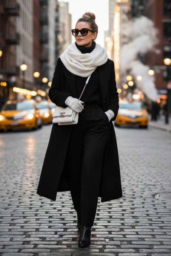 14. Black Coat and White Accessories