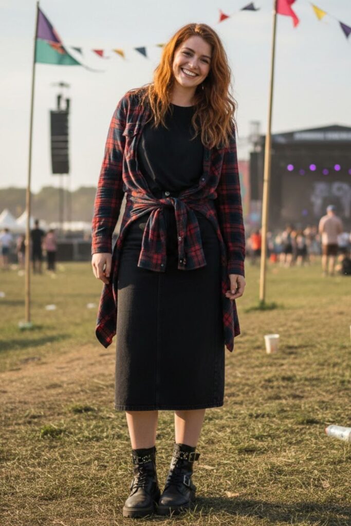 14. Black Denim Midi Skirt with a Plaid Shirt
