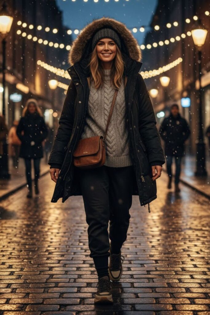 14. Black Parka with Sweater and Joggers