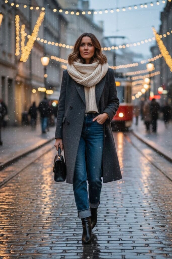 14. Blazer Coat with Scarf and Denim