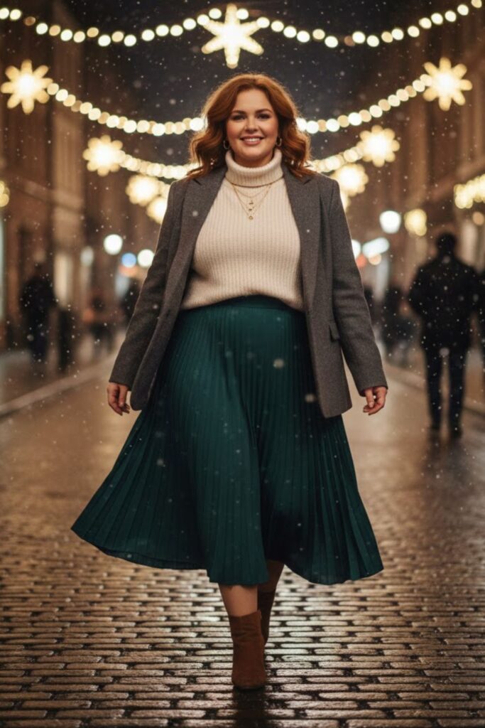 14. Blazer with Knit Top and Pleated Skirt
