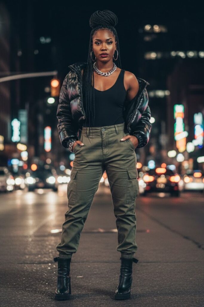 14. Cargo Pants with Fitted Bodysuit and Heels