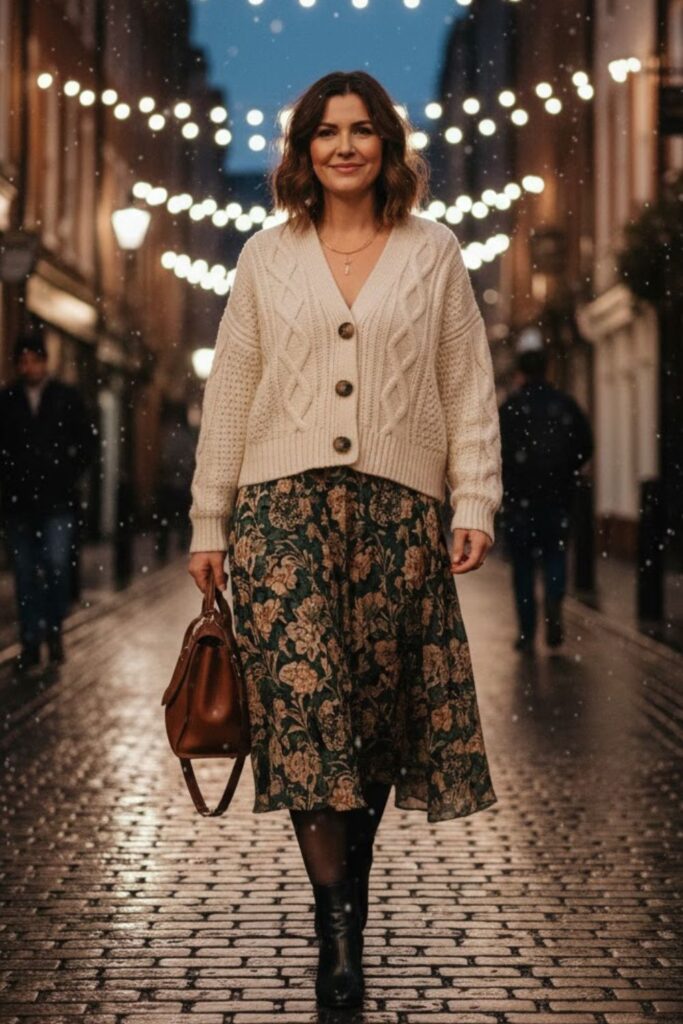 14. Chunky Knit Cardigan with Midi Skirt