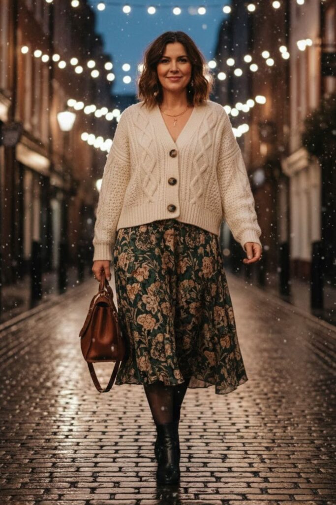 14. Chunky Knit Cardigan with Midi Skirt
