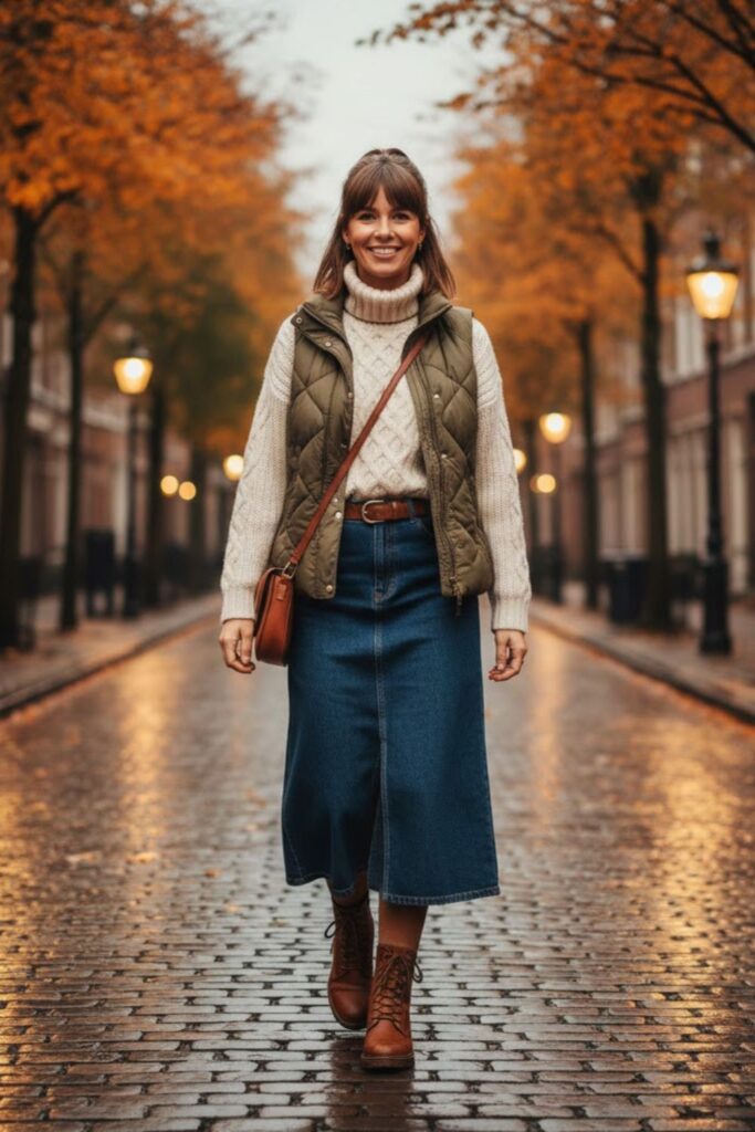 14. Denim Midi Skirt with a Puffer Vest