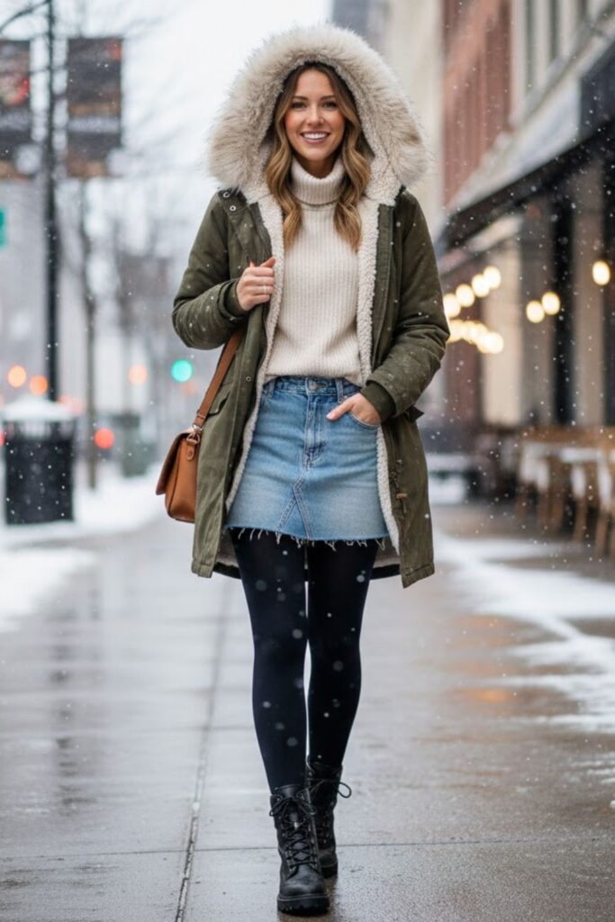 14. Denim Mini Skirt with Tights and Parka