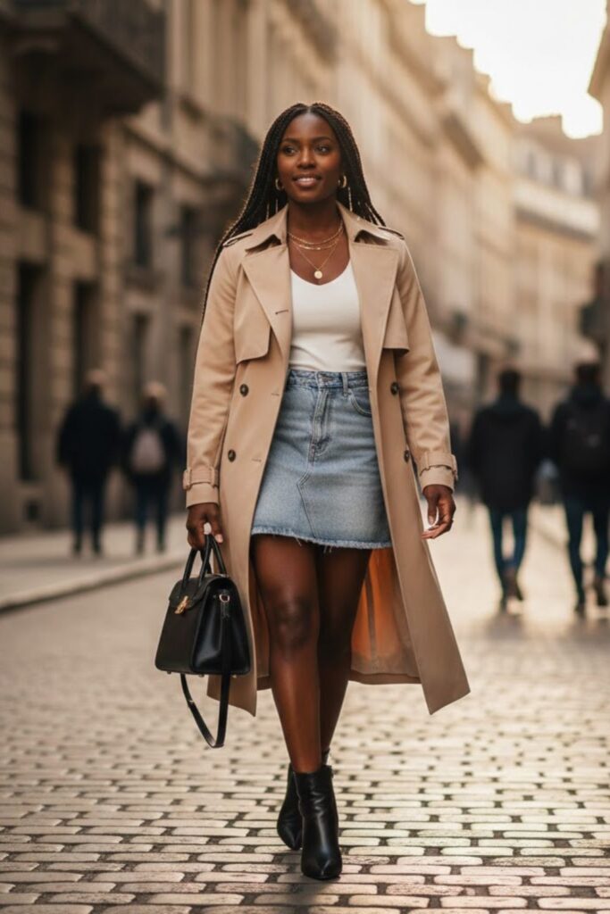 14. Denim Mini Skirt with Trench Coat