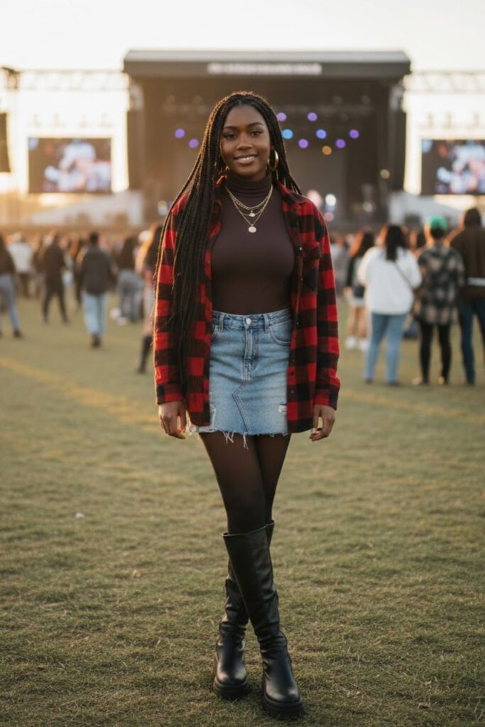 14. Denim Skirt with Long Sleeve Top and Boots